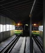 Zugbegegnung zweier Einheiten der Wengernalpbahn in einer Lawinenschutzgalerie auf der Strecke Kleine Scheidegg-Grindelwald am 30.07.08.