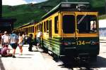 134, 132 der WengernAlpBahn (WAB) mit Zug 450 Kleine Scheidegg-Grindelwald auf Bahnhof Kleine Scheidegg am 29-07-1995.