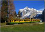 Zwei BDhe 4/8 plus Bt zwischen Grindelwald Grund und Grindelwald mit Wetterhorn.