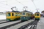 Fahrzeugparade der schnen alten BDeh 4/4 Pendel der WAB; v. l. n. r: 119+110+123, Kleine Scheidegg, 29.04.2014.