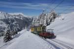 Grosskampftag bei der WAG aufgrund der Lauberhorn-Abfahrt am 18.01.2015: Bt 268 und BDhe 4/4 119 erreichen in Kürze die Wengernalp.