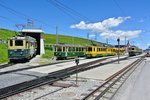 Treffen der Zusatzzge in kleine Scheidegg; v. l. n. r.: BDhe 4/4 108, 111, 121 und 110 - hinter den Zgen steht noch Pendel 114, 18.07.2016.