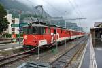 Ersatz R 7470 in Meiringen. Anstelle eines  Spatz  Triebzuges verkehrte zu meiner Freude ein Ersatz Pendel bestehend aus der De 110 002-3 (ex. SBB Brnig), 2 B und ABt 905-9, 13.06.2012.