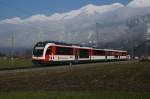Der neue ZB-Triebzug ABeh 160 001-1 verlsst am Morgen des 01.04.2013 Brienz als R 7433 Richtung Meiringen.