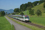 Am Morgen des 28.05.2017 befindet sich ein Voralpen-Express mit dem RBDe 561 084-5 an der Spitze zwischen Rapperswil und Schmerikon.