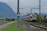 RABe 526 043-5 der SÜDOSTBAHN (SOB) als S4 11450 von Uznach nach St. Gallen kurz nach der Abfahrt in der Station Sevelen am 24.09.2022. Ob die Weiche bereits für den geplanten Doppelspurausbau eingebaut ist, ist nicht bekannt.