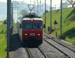 Re 446 018-4 bei der Talfahrt zwischen Samstagern und Schindellegi-Feusisberg mit dem Voralpenexpress am Haken. 30.04.2011.