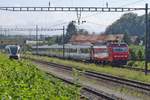 Paralleleinfahrt in den Bahnhof von Romanshorn am 20.08.2011. Auf der Seite der Lok und des ersten Wagens des IR 2419 von Luzern spiegelt sich S8 23860 von Rorschach.