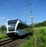 Am Samstag nach dem Rekordgewitter fhrt Thurbo RABe 526 728 von Weinfelden nach Konstanz. Hier hat er gerade die grsstenteils zerstrten Weinberge von Weinfelden hinter sich gelassen und trifft bald in Kehlhof ein. (30.Juni 2009)