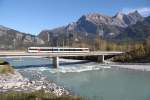 3 teil.Thurbo Pendel Chur-Sargans-Chur auf der Rheinbrücke bei Bad Ragaz.19.10.14