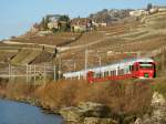 Nicht nur die BLS setzt Nina im Fernverkehr ein, sondern auch die MO/TMR: Sporadisch verkehrt an Wintersonntagen der St-Bernhard Express von Genève nach Le Chable (Talstation zum Skigebiet Verbier) 
Hier überaschte mich der bunte Zug im Lavaux, zwischen Rivaz und St-Saphorin am 25. Januar 2009.