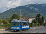 Bahnforum-Schweiz-Fotofahrt auf der BVB am 10. September 2016. Tram Be 2/3 16 bei La Ruaz. Der Tramverkehr zwischen Bex und Bévieux wurde im Jahr 2002 eingestellt.