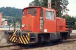 Diesellok Typ Moyse der tpf ( GFM = Chemins de fer Fribourgeois Gruyre - Fribourg - Morat )im Bahnhof von Sugiez im Juli 1987