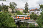 125 Jahre Orbe - Chavornay am 8. September 2019.<br>
Regelzug mit Be 2/2 14 auf dem Viadukt bei Saint Eloi.