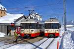 TRN: Winterstimmung im Neuenburger Jura. Zwei Triebwagen der Serie BDe 4/4 6-8 anlässlich der einzigen Zugskreuzung der Strecke La Chaux-de-Fonds - Le Ponts-de-Martel, die nur an Werktagen in La Sagne (der einzigen Kreuzungsstation) stattfindet. Die Aufnahme ist am 25. Februar 2009 entstanden.
Foto: Walter Ruetsch