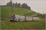 Bei einem starken Regenschauer ist der MOB Be 4/4 5001 mit seinen Steuerwagen ABt 341 und Bt 241 als Regionalzug 2238 bei Planchamp auf dem Weg von Montreux nach Zweisimmen.