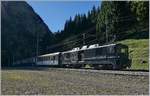 Tunnel und Schatten hinter sich gelassen, fährt die MOB GDe 4/4 6002 mit ihrem GoldenPass Classic Express in Les Cases durch.