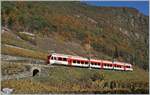 Der Region Alpes TMR RABe 525 038  NINA  ist als Regionalzug 26121 von Le Châble nach Martigny in den recht hoch gelegenen Rebbergen bei Bovernier unterwegs. 

6. Nov. 2020