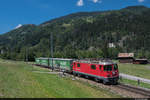 RhB Ge 4/4 II 912  Thusis  am 27.07.2020 am Valser Wasser Güterzug kurz nach Ilanz aufgenommen.