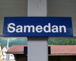 Bahnhofsschild von Samedan am 23.7.2014
