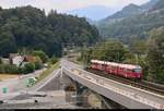 ABe 4/16 3102  Richard La Nicca  (Stadler ALLEGRA) der Rhätischen Bahn (RhB) als S2 von Thusis (CH) nach Chur (CH) befährt die Alte Hinterrheinbrücke beim Bahnhof Reichenau-Tamins (CH).
[10.7.2018 | 16:59 Uhr]