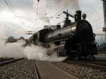 Die Dampflok 107  Albula  fuhr in den Bahnhof L`quart ein.
Im Hintergrund ist noch die Fahrdrahtspinne vom Depot
Landquart zu sehen.Aufnahme Samstag den 15.09.2007.