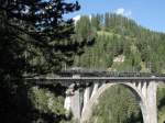 Scheinanfahrt ber das Wiesnerviadukt.
Die beiden G 4/5 zogen mit vereinten Krften
die vollbesetzten Nostalgiewagen ber den Viadukt.


