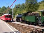 G4/5 108 am 30.8.08 mit einem Extrazug in Filisur.Daneben der Be4/4 512 von Davos,der normalerweise nicht auf dieser Linie eingesetzt wird.