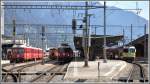 Landquart von links nach rechts: S1 1522 mit Be 4/4 516 nach Rh�z�ns, Tm 2/2, Ge 4/4 II 633  Zuoz  mit RE1257 nach Scuol/Tarasp und Ge 4/4 II 611  Landquart  mit RE1057 nach Davos Platz.