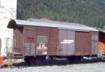 Xk 9082III MATERIAL-Wagen Bahnmeisterei 7 am 04.09.1996 in Zernez - Baujahr 1931 - SIG/RhB - 7,55t - Zuladung 12,5t - LP 8,60m - V = 60km/h - R 15.02.95 - Mutation: ex Berninabahn L 119 - 1942 RhB L
