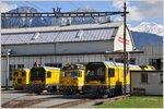 RhB ganz in gelb vor der Hauptwerkstätte in Landquart.