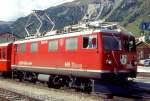 RhB - Ge 4/4I 605  SILVRETTA  am 04.09.1996 in SAMEDAN - STRECKEN-LOKOMOTIVE - bernahme 12.03.1953 - SLM4080/MFO/BBC - 1184 KW - Gewicht 48,00t - LP 12,10m - zulssige Geschwindigkeit 80 km/h. Hinweis: noch mit Scherenpantografen.
