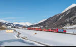 Engadiner Skimarathon am 12. März 2017: Ge 4/4 II 623 mit Werbung für das 125-Jahr-Jubiläum der RhB (2014) zwischen Bever und Samedan.