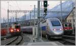 TGV 4416 fhrt aus Chur aus. Ge 4/4 II mit RE1248 fhrt ein und unverhofft taucht rechts der ebenfalls einfahrende RE 3823 aus St.Gallen auf. Ich weiss, das Foto ist nicht scharf und das Signal ist abgeschnitten, aber als totaler Schnappschuss finde ich es doch noch gelungen. (15.12.2007)