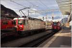 Neue Werbelok als Dankeschön an 50000 Fans. Ge 4/4 II 624  Celerina  und ABe 4/16 3104 als S1 1525 in Landquart. (11.11.2014)