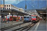 S1 1522 nach Schiers mit ABe 4/16, RE1757 mit Ge 4/4 II 619  Samedan  nach Disentis und RE1157 mit Ge 4/4 III 642  Breil/Brigels  nach St.Moritz in Chur. (02.11.2016)