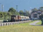 Jubiläum,125 Jahre RhB.Museumslok Ge6/6 I Nr.415(Krokodil)und Ge4/6 Nr.353 mit einem Pullmanzug bei Igis.17.07.14