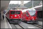 Ge 6/6 II 703 und Steuerwagen 57805 nebeneiander in St.Moritz am 2.10.2019.