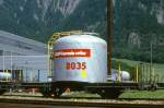 RhB - Uce 8035 am 07.06.1993 in Untervaz - Zementsilowagen 2-achsig mit 1 offenen Plattform - Baujahr 1957 - FFA/MBA - Gewicht 7,90t - Zuladung 15,00t - LP 7,74m - zulssige Geschwindigkeit 65 km/h -