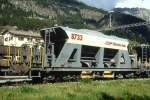 RhB - Fad 8733 am 04.09.1996 in Samedan - Selbstentlade-Schotterwagen 4-achsig mit 1 offenen Plattform - bernahme 08.07.1993 - JMR - Gewicht 15,21t - Zuladung 33,00t - LP 12,50m - zulssige