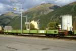 RhB - Skl 8410 am 31.08.2007 in Samedan - Autotransportwagen 4-achsig mit 1 offenen Plattform ohne Sy Bremsschuh - Baujahr 1913 bernahme 14.03.1980 - SWS/SIG/RhB - Gewicht 11,72t - Zuladung 10,00t - LP 16,44m - zulssige Geschwindigkeit 80 km/h - 2=07.07.2003 - Lebenslauf: Ug ex AB4 202 - 1929 AB4 202 - 1956 A4 1202 - 1964 A 1202 - 14.03.1980 Skl 8410
