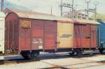 RhB - Gb 5087 am 13.05.1991 in Chur - Gedeckter Gterwagen 2-achsig - 1 offene Plattform - Baujahr 1963 - JMR - Gewicht 7,43t - Ladegewicht 15,00t - LP 9,14m - zulssige Geschwindigkeit 65 km/h -