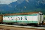 RhB - Haik-v 5101 am 21.08.1995 in Untervaz - Schiebewandwagen 4-achsig mit 1 offenen Plattform - Baujahr 1970 - SIG - Gewicht 12,97t - Zuladung 26,00t - LP 14,69m - zulssige Geschwindigkeit 80 km/h - 2=09.09.1994 - RhB Logo - Werbung: VALSER - Hinweis: gendertes Fahrzeuggewicht, gescanntes Dia
