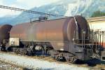 RhB - Uah 8189 am 07.09.1994 in Samedan - Kesselwagen fr Mineralltransporte 4-achsig mit 1 offenen Plattform - Baujahr 1969 - JMR/ - 9Gewicht 12,64t - Zuladung 35,00t - Tankgre 36000l - LP 11,00m - zulssige Geschwindigkeit Ak70/Ak60 km/h - 2=16.04.1987 -  Lebenslauf: ex Uah 8189 - 2003 Za 8189 - 02/2004 Abbruch - Hinweis: noch ohne Feld fr Kesselprfung, gescanntes Dia
