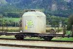 RhB - Uce 8003 am 03.10.1990 in Untervaz - Zementsilowagen 2-achsig mit 1 offenen Plattform - Baujahr 1956 - FFA/MBA - Gewicht 7,85t - Zuladung 15,00t - LP 7,74m - zulssige Geschwindigkeit 65 km/h -