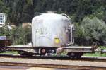 RhB - Uce 8006 am 12.08.1991 in Ilanz - Zementsilowagen 2-achsig mit 1 offenen Plattform - Baujahr 1964 - JMR/MBA - Gewicht 8,19t - Zuladung 15,00t - LP 7,74m - zulssige Geschwindigkeit 65 km/h -