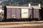 RhB - Gbk-v 5600 am 23.09.1989 in Thusis - Gedeckter Gterwagen 2-achsig mit 1 offenen Plattform - Baujahr 1913 - Reichsh/Gestle - Gewicht 7,52t - Zuladung 12,50t - LP 8,49m - zulssige Geschwindigkeit 75 km/h - 2=13.03.1984 - Lebenslauf: ex K1 5600 - 1969 Gbk-v 5600 - 07/2002 Abbruch - Hinweis: gescanntes Dia
