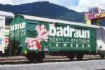 RhB - Gbk-v 5609 am 08.06.1997 in Landquart Ried - Gedeckter Gterwagen 2-achsig mit 1 offenen Plattform - Baujahr 1913 - Reichsh/Gestle - Gewicht 7,54t - Zuladung 12,00t - LP 8,49m - zulssige Geschwindigkeit 70 km/h - - Werbung: BADRAUN - Lebenslauf: ex K1 5609 - 1969 Gbk-v 5609 - 2006 Abbruch - Hinweis: genderte Zuladung, genderte zulssige Geschwindigkeit, gescanntes Dia
