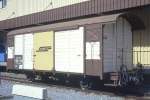 RhB - Gbk-v 5611 am 30.05.1993 in Pontresina - Gedeckter Gterwagen 2-achsig mit 1 offenen Plattform - Baujahr 1913 - Reichsh/Gestle - Gewicht 7,57t - Zuladung 12,50t - LP 8,49m - zulssige