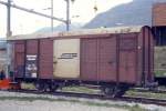 RhB - Gbk 5721 am 30.05.1992 in Samedan - gedeckter Gterwagen 2-achsig mit 1 offenen Plattform - PAPIERLAGER DISENTIS - Baujahr 1903 - BASEL - Gewicht 7,12 - Zuladung 12,50t - LP 8,45m - zulssige Geschwindigkeit 60 km/h - 2=23.02.1988 - Lebenslauf: ex K 712 - 1911 K1 5312 - 1951 K1 5721 - 1969 Gbk 5721 - 01/1993 Xk 9321 II - Hinweis: gescanntes Dia
